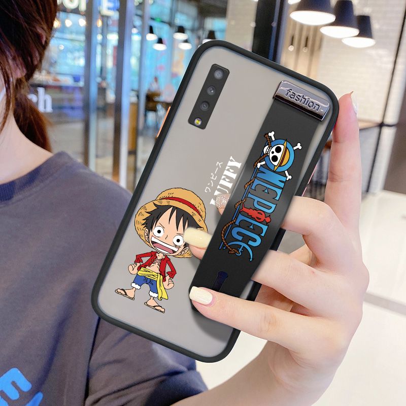UCUC for Samsung Galaxy A7 2018 Wrist Strap Case Anime One Piece Luffy Wristband Printing Cover Shockproof Frosted Phone Case