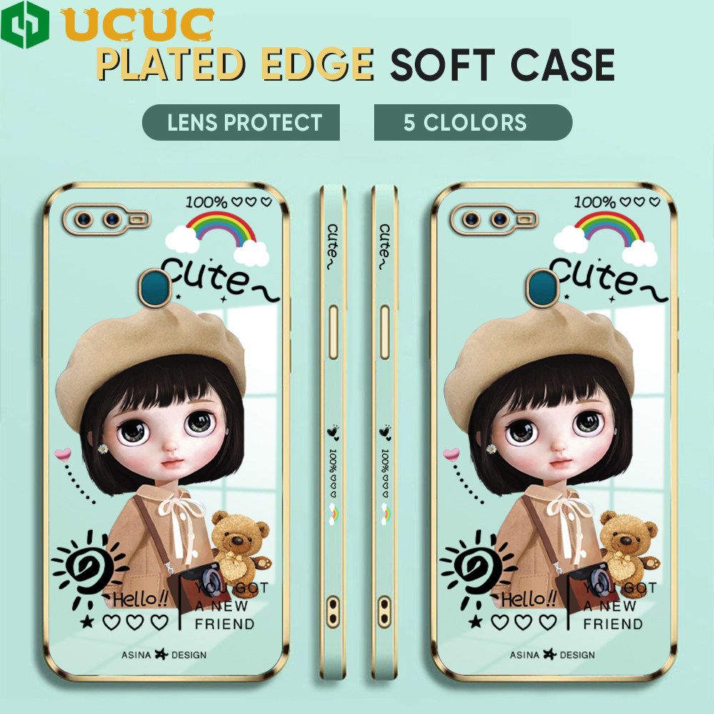 UCUC for OPPO A12S / A12 / A7 / A5S Back Cover + Free Lanyard Sunshine Girl Luxury 6D Plating Case Side Pattern Soft Silicone Square Phone Cases