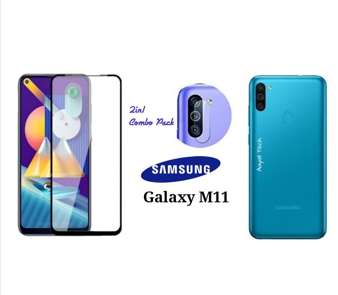 2 in1 Combo Pack For Samsung Galaxy M11(Full Glass Protector, Camera Glass, protractor (No Poly)