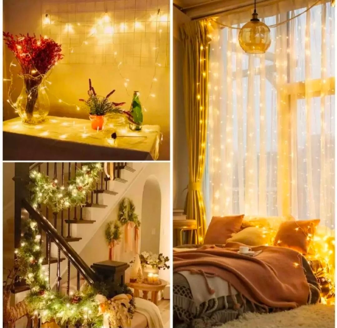 Golden Home Decorative Curtain String Lights, Led String Fairy Lights Eid Puja Christmas Xmas Garland Decoration Wedding Festival Party LED Lights