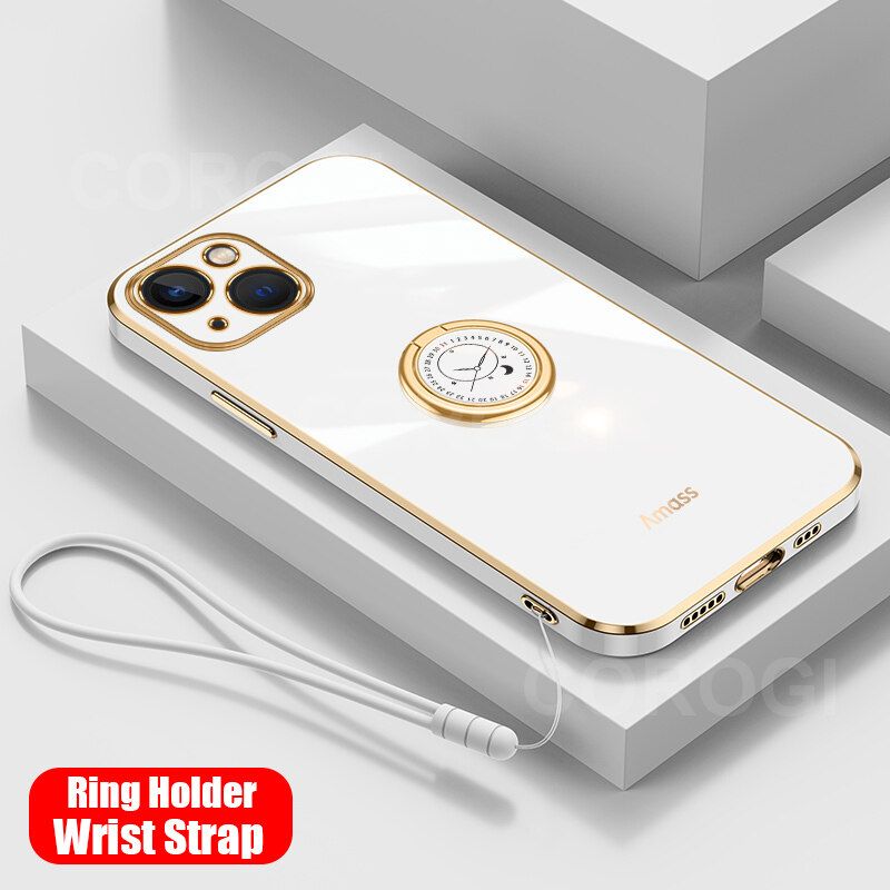 For iPhone 13 Mini Back Cover with Ring Holder Stand + Wrist Strap Shiny Plating Square Bumper Protective Case Soft Silicone Shockproof Mobile Phone Cases