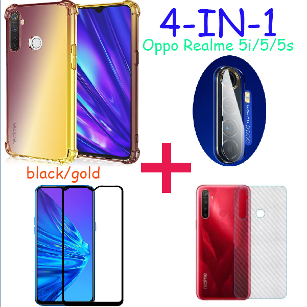 [4 in 1] Suitable for Oppo Realme 5i / 5 / 5S / 5Pro / 3  /3Pro/ X / XT /X2 Pro/ 6Pro four-corner drop-resistant gradient mobile phone case + screen tempered film + back film + camera lens film