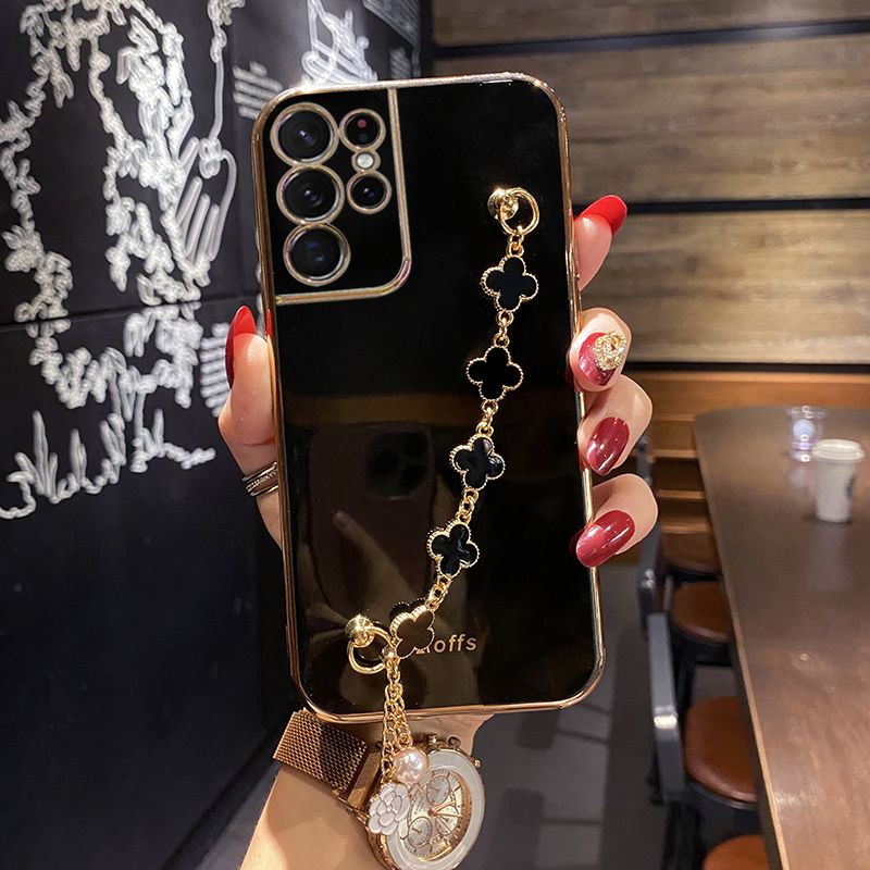For Samsung Galaxy S21 Ultra Back Cover with Lucky Clover Wristband Chain Fashion Bracelet Shiny Plating Square Edge Bumper Phone Case Soft Silicone Bumper Protective Cover