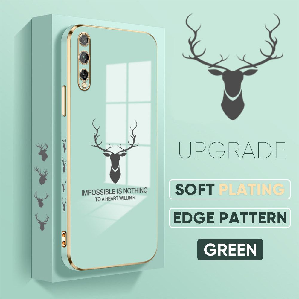 Jizetin (Free Lanyard) Huawei Y8P Back Cover Antlers Luxury 6D Plating Case Side Pattern Soft Silicone Square Phone Cases