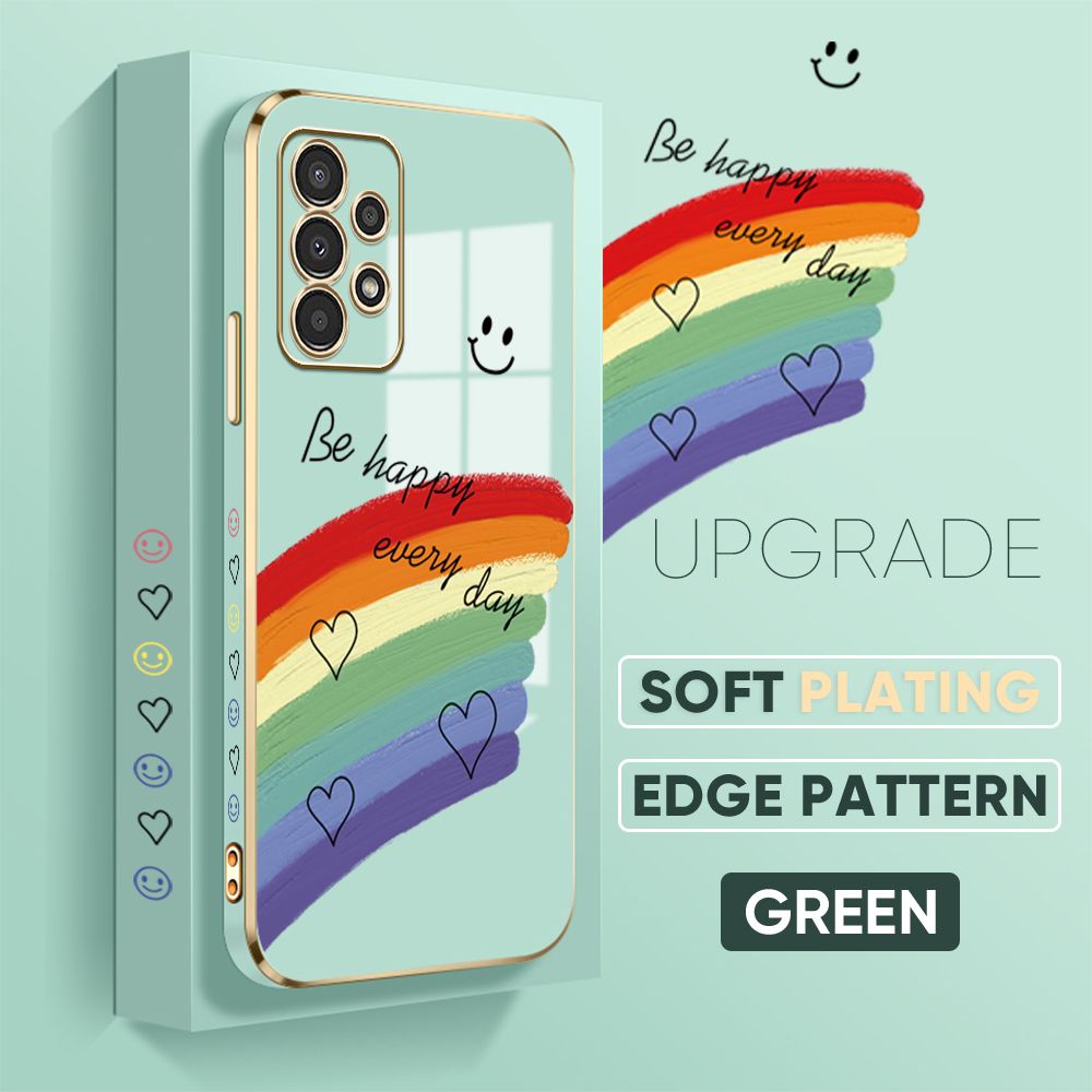 Jizetin (Free Lanyard) Samsung A13 Back Cover Rainbow Luxury 6D Plating Case Side Pattern Soft Silicone Square Mobile Phone Cases