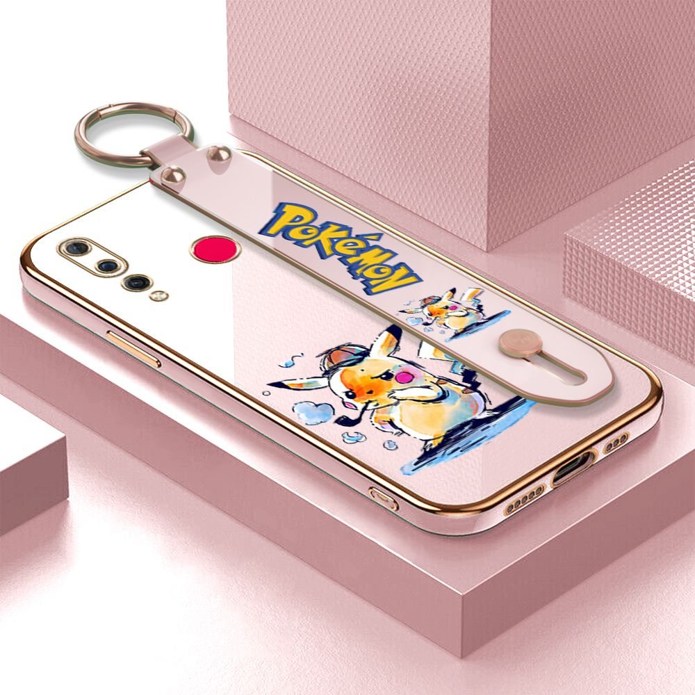 UCUC for Huawei Nova 4 Wrist Strap Back Cover + Free Lanyard Pikachu Fashion Luxury 6D Plating Soft Casing Silicone Square Frame Phone Case