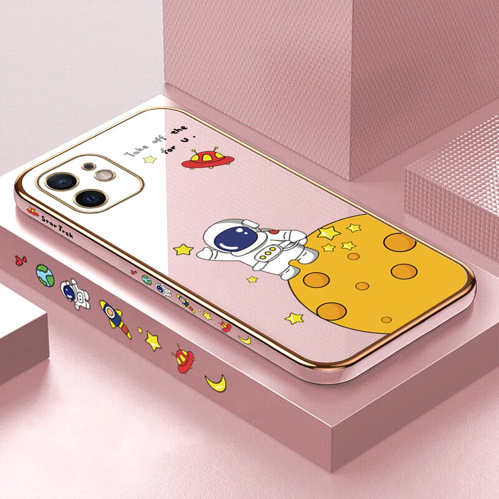 Luxury 6D Plating Case for iPhone 12 Mini Cute Cartoon Happy Astronaut Side Pattern Back Cover Soft Silicone Square Frame Shiny Bling Phone Cases + Free Lanyard