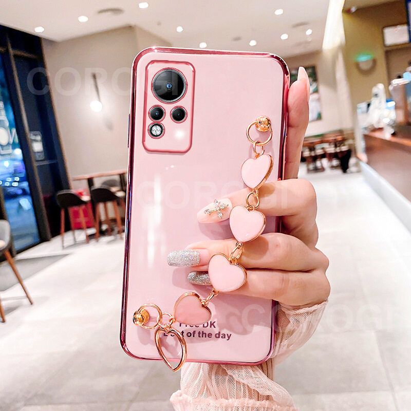 For Infinix Note 11 Back Cover with Love Heart Chain Wrist Strap Fashion Bracelet Shiny Plating Bumper Protective Case Silicone Shockproof Mobile Phone Cases