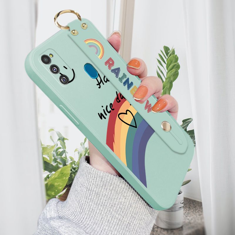 Jizetin for Samsung Galaxy M21 / M30S Wrist Strap Case INS Style Smile Rainbow Cover Ultra Thin Anti Fall Liquid Silicone Phone Case