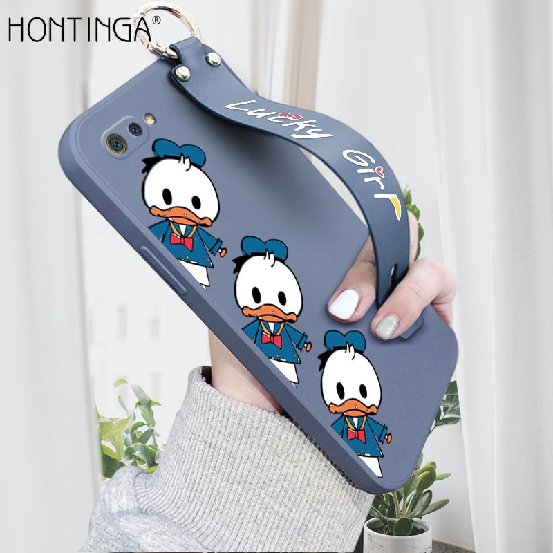 Hontinga for Realme C2 Wrist Strap Case Cute Cartoon Little Duck Phone Case Square Edge Liquid Silicone Case Full Cover Camera Shockproof Protective Cases