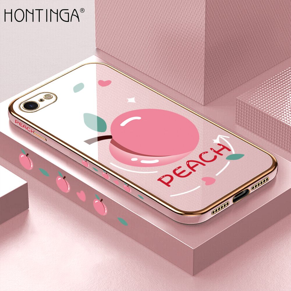 Hontinga for iPhone 7 / 8 / SE 2020 / SE 2022 Case Luxury 6D Plating Soft Casing Silicone Square Frame Phone Cover Shiny Bling Side Print Cartoon Simple Peach Cases