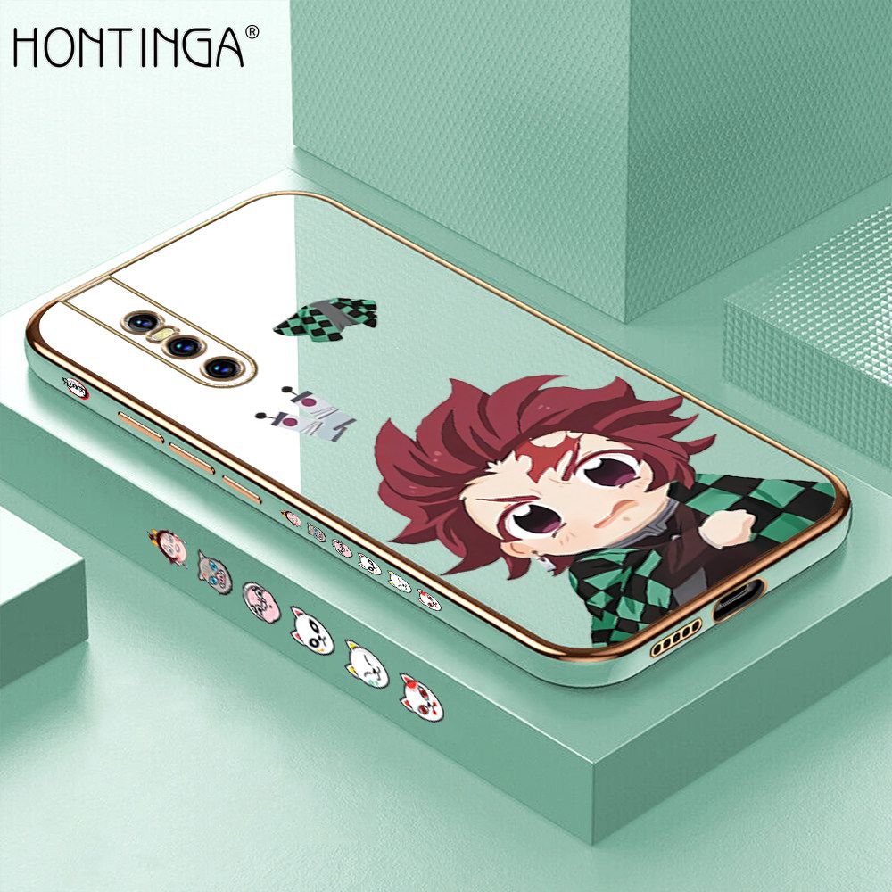 Hontinga for Vivo V15 Pro Back Cover + Free Lanyard Luxury 6D Plating Cartoon Anime Tanjirou Side Pattern Case Soft Silicone Square Mobile Cover