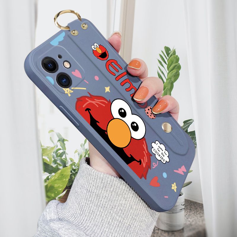 Jizetin for iPhone 12 Mini Wrist Strap Case Creative Cartoon Red Haired Monster Cover Ultra Thin Anti Fall Liquid Silicone Phone Case