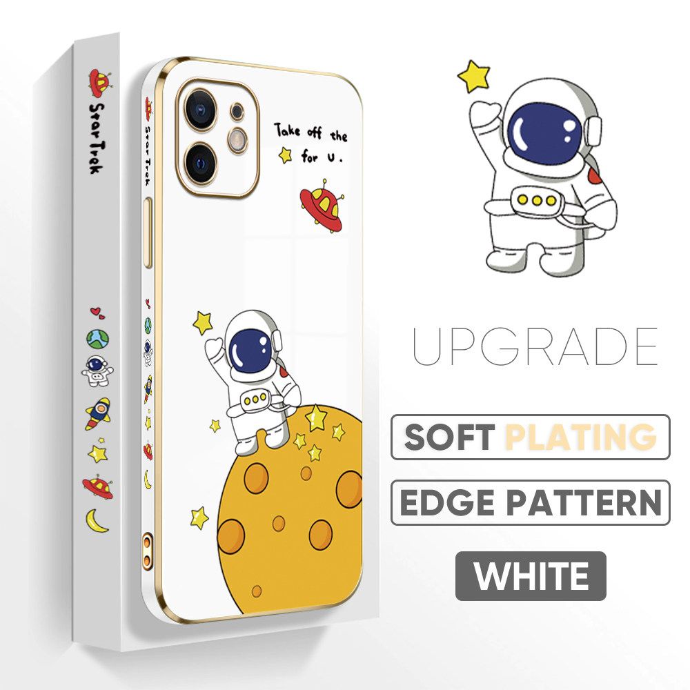 TA for iPhone 12 Back Cover + Free Lanyard Planet Astronaut Luxury 6D Plating Case Side Pattern Soft Silicone Square Phone Cases