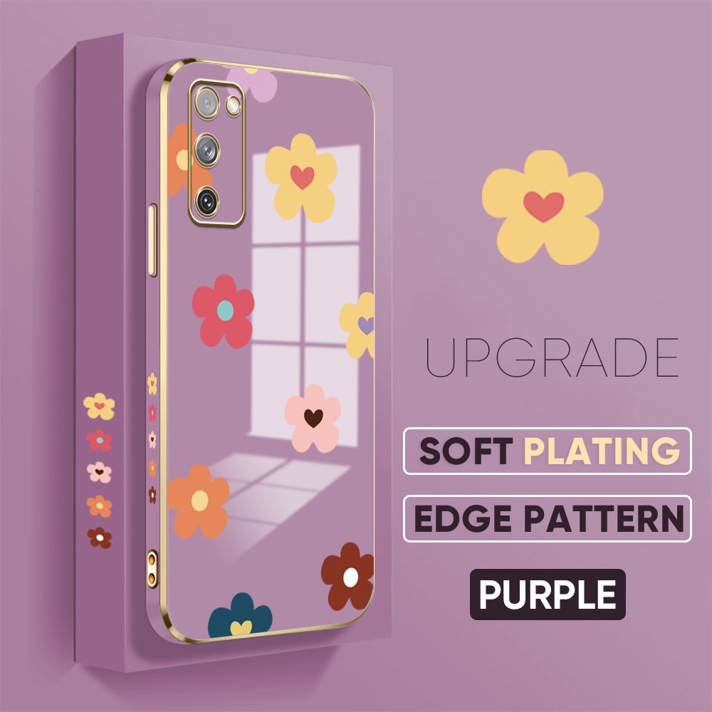 Jizetin (Free Lanyard) Samsung S20 FE 5G Cover Falling Flowers Luxury 6D Plating Soft Casing Silicone Square Frame Phone Case Shiny Bling Back Cover