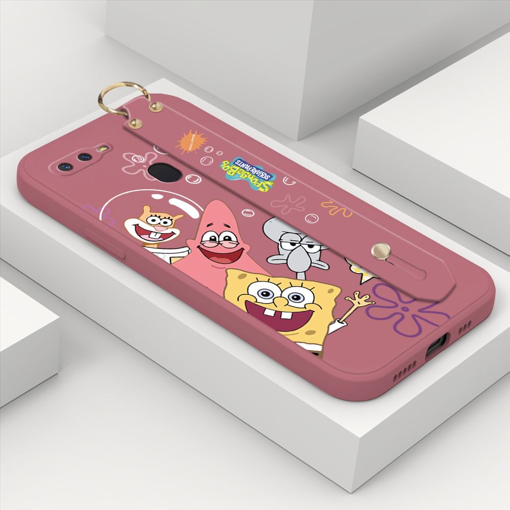 ZeroQiQi for Realme U1 Wrist Strap Case Cute Cute Funny Cartoon Sponge for Square Pants Cover Square Edge Liquid Silicone Anti-drop Phone Case
