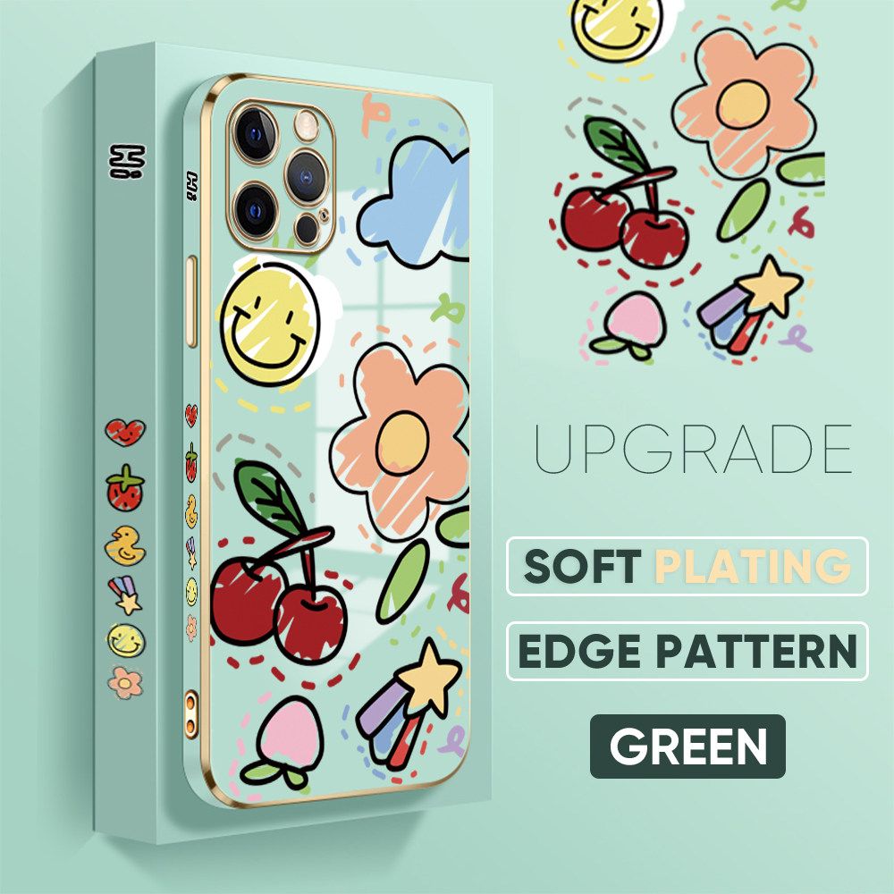 TA for iPhone 12 Pro Max Back Cover + Free Lanyard Colorful Fruit Painting Luxury 6D Plating Case Side Pattern Soft Silicone Square Phone Cases
