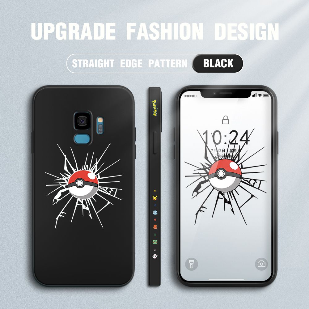 Jizetin for Samsung Galaxy S9 Case Cartoon Pokémon Pocket Monster Design Side Design Phone Case Square Edge Pattern Liquid Silicone Cases Full Cover Camera Shockproof Protective Case