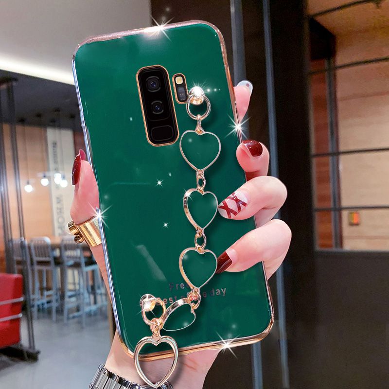 For Samsung Galaxy S9 Plus Cover + Love Heart Bracelet Fashion Shiny Wrist Chain Plating Bumper Slim Phone Case Soft TPU Silicone Shockproof Protective Back Cover