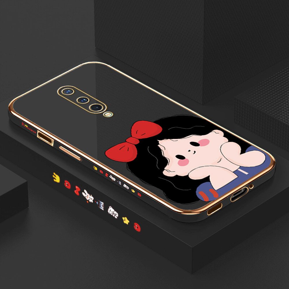 Luxury 6D Plating Soft Casing Silicone Square Frame Phone Case For OnePlus 8 Case Shiny Bling Back Cover Cartoon Cute Bow Girl Square Edge Pattern Design Soft Case + Free Lanyard