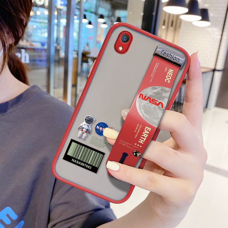 UCUC for Vivo Y1S Wrist Strap Case Creative Cartoon Astronaut Wristband Printing Cover Shockproof Frosted Phone Case