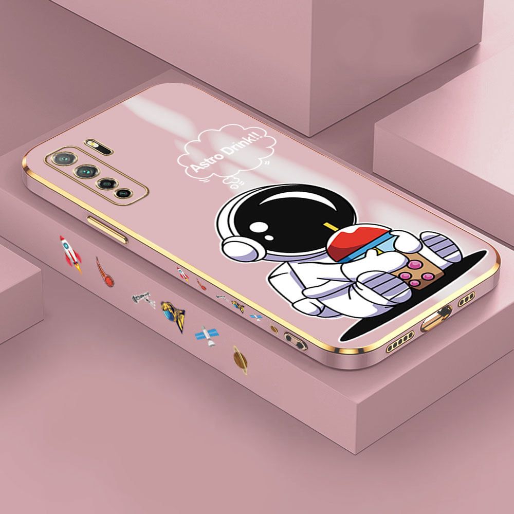 Jizetin (Free Lanyard) Huawei Nova 7 SE Case Cute Cartoon Drink Astronaut Luxury 6D Plating Soft Casing Silicone Ultra Thin Phone Cover