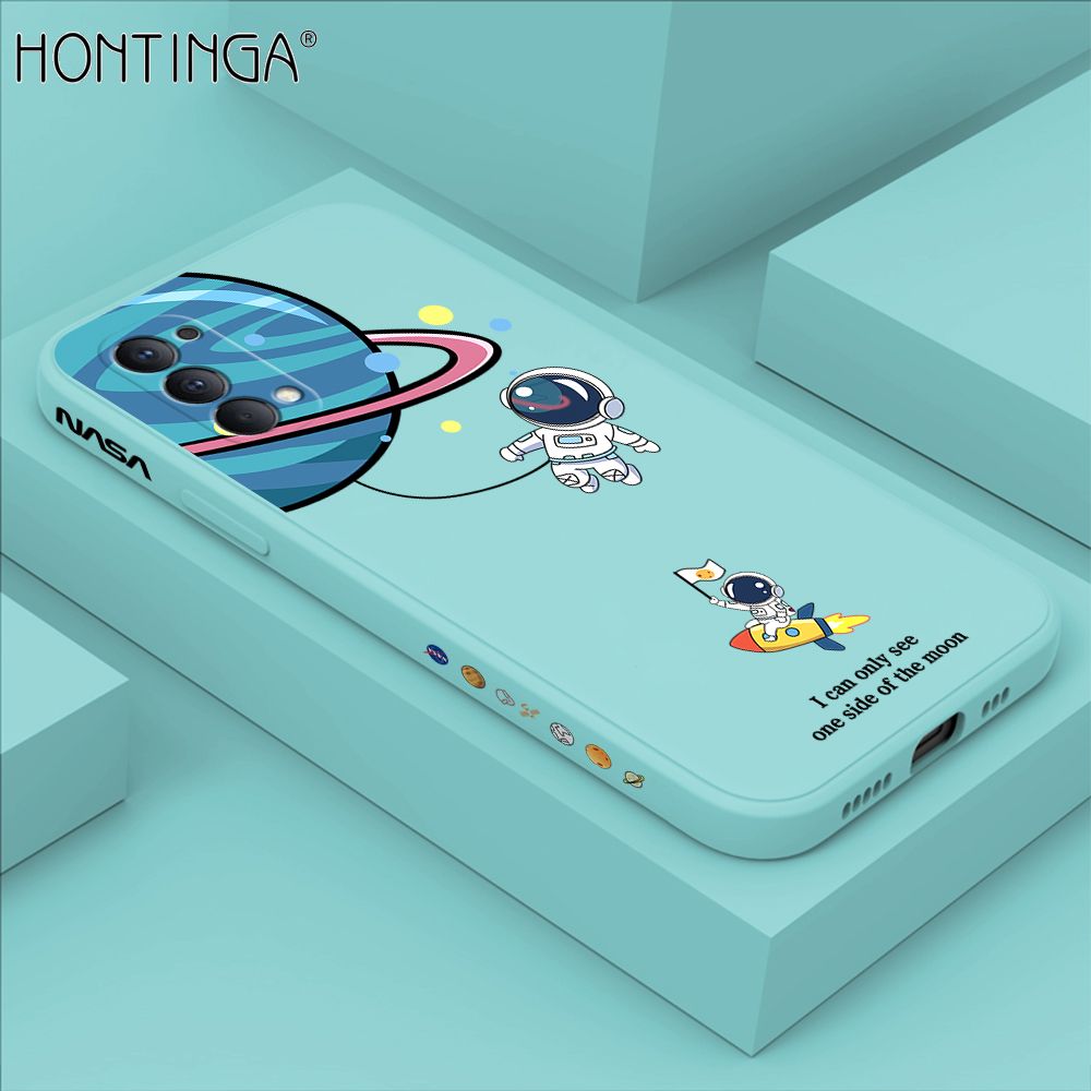 Hontinga for OPPO Reno4 Case Cartoon Astronaut Side Design Back Cover Soft Square Edge Liquid Silicone Phone Cases