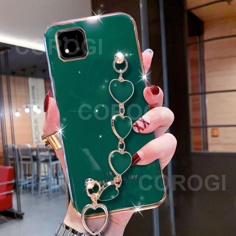 For Realme C11 2021 (6.52") Cover + Love Heart Bracelet Fashion Shiny Wrist Chain Plating Bumper Slim Phone Case Soft TPU Silicone Shockproof Protective Back Cover