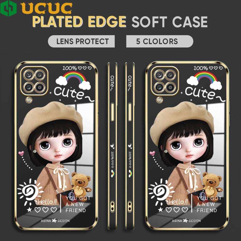 UCUC for Samsung Galaxy M12 / A12 / A12 5G Back Cover + Free Lanyard Sunshine Girl Luxury 6D Plating Case Side Pattern Soft Silicone Square Phone Cases