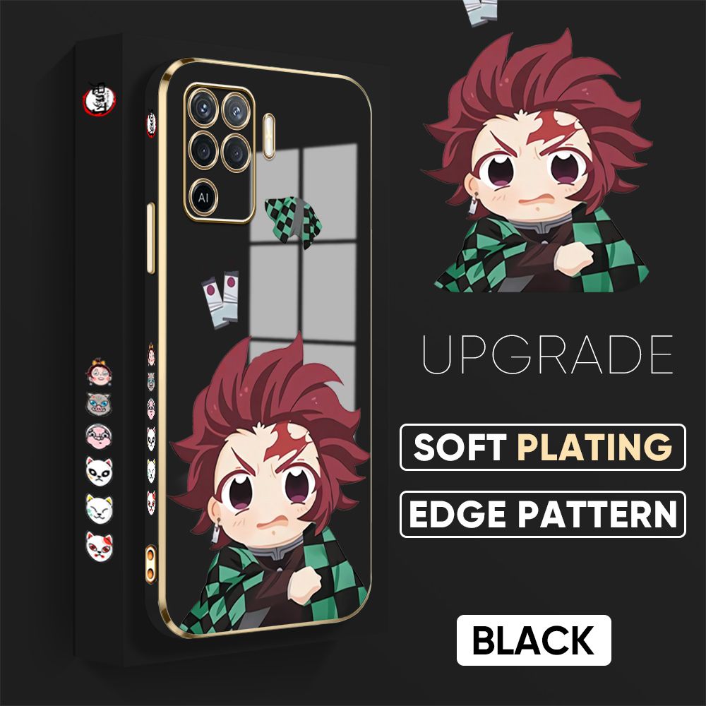 Jizetin (Free Lanyard) OPPO A94 Cover Wronged Tanjiro Luxury 6D Plating Soft Casing Silicone Square Frame Phone Case Shiny Bling Back Cover