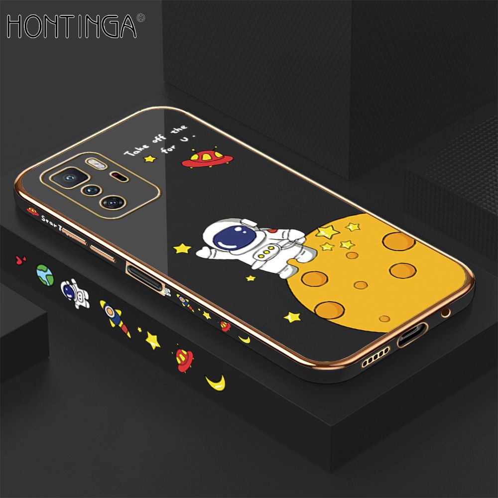 Hontinga for Xiaomi Poco X3 GT Back Cover + Free Lanyard Luxury 6D Plating Cartoon Lunar Astronaut Side Pattern Case Soft Silicone Square Mobile Cover