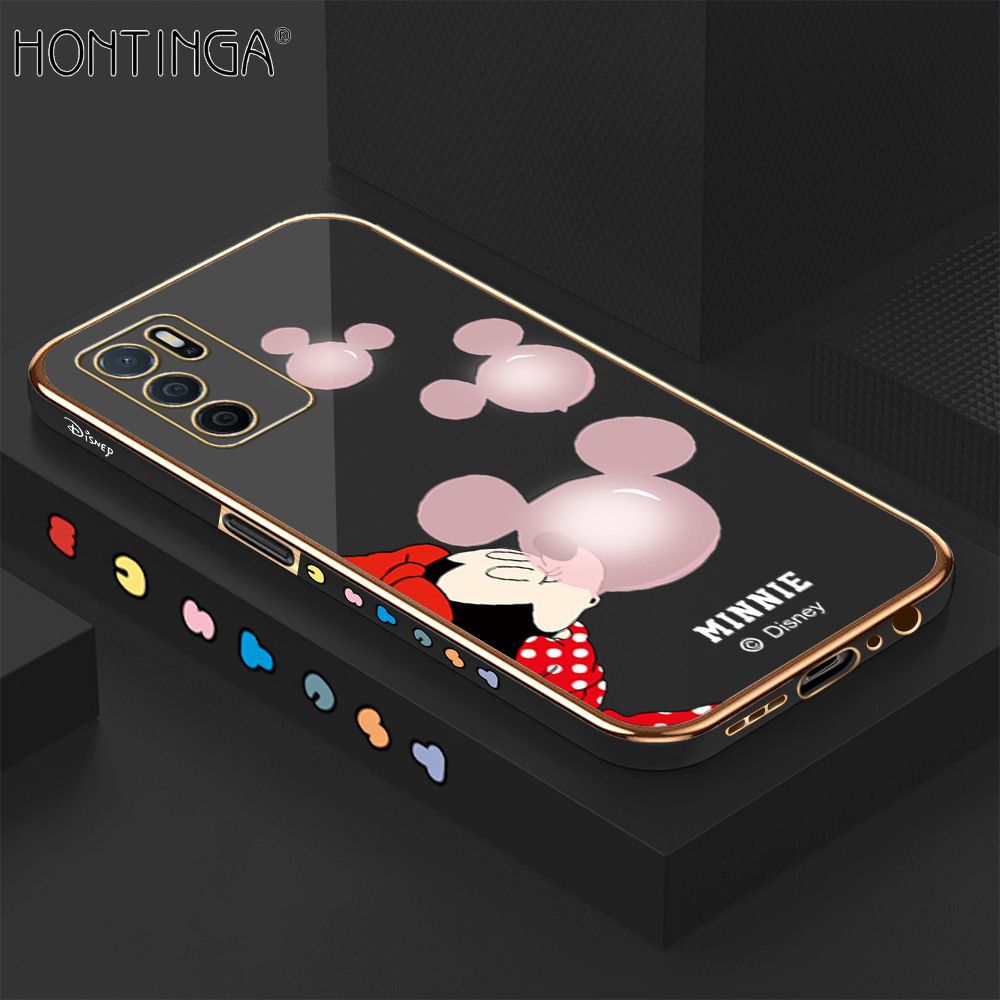Hontinga for OPPO A16 Back Cover + Free Lanyard Luxury 6D Plating Cartoon Bubble Mouse Side Pattern Case Soft Silicone Square Mobile Cover