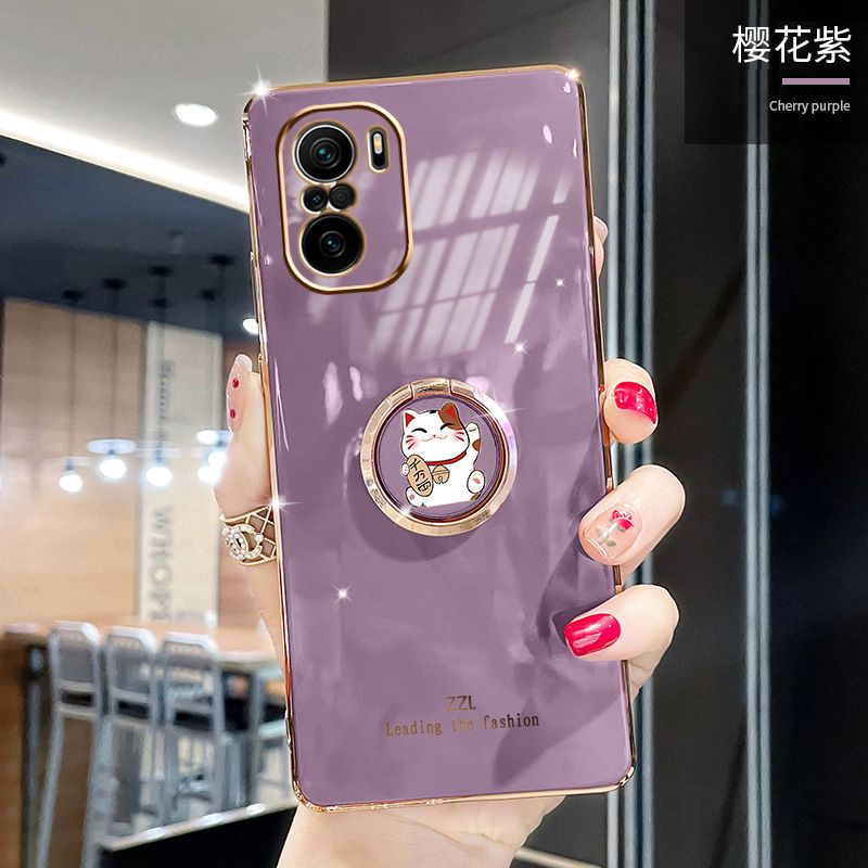 For Xiaomi POCO F3 Cover + Ring Holder Stand Shiny Plating Square Bumper Phone Case Lens Protection Soft Silicone Shockproof Protective Back Cover