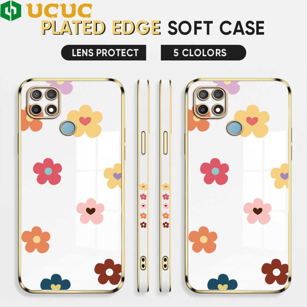 UCUC for OPPO A15 A15s Back Cover + Free Lanyard INS Style Flower Luxury 6D Plating Case Side Pattern Soft Silicone Square Phone Cases