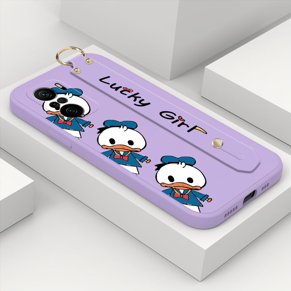 ZeroQiQi for Xiaomi Redmi K40 Pro Wrist Strap Case Cute Cartoon Little Duck Phone Case Square Edge Liquid Silicone Case Full Cover Camera Shockproof Protective Cases