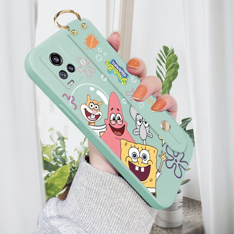 Jizetin for Vivo V20 / V20 2021 Wrist Strap Case Funny Cartoon Sea Creatures Cover Ultra Thin Anti Fall Liquid Silicone Phone Case
