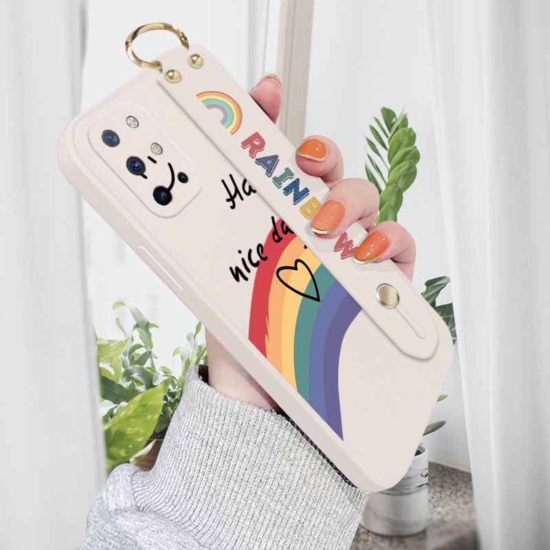 Jizetin for OnePlus 8T Wrist Strap Case INS Style Smile Rainbow Cover Ultra Thin Anti Fall Liquid Silicone Phone Case
