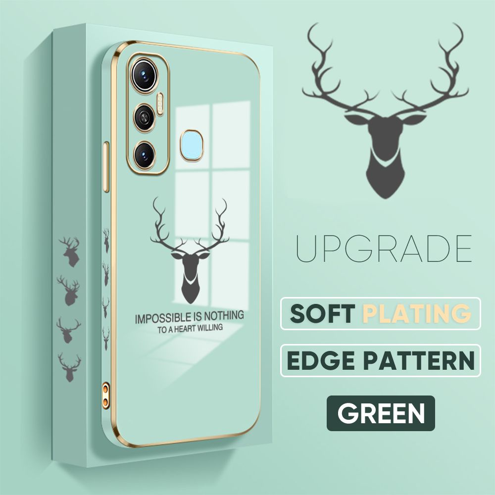 Jizetin (Free Lanyard) Infinix Hot 11 Back Cover Antlers Luxury 6D Plating Case Side Pattern Soft Silicone Square Phone Cases