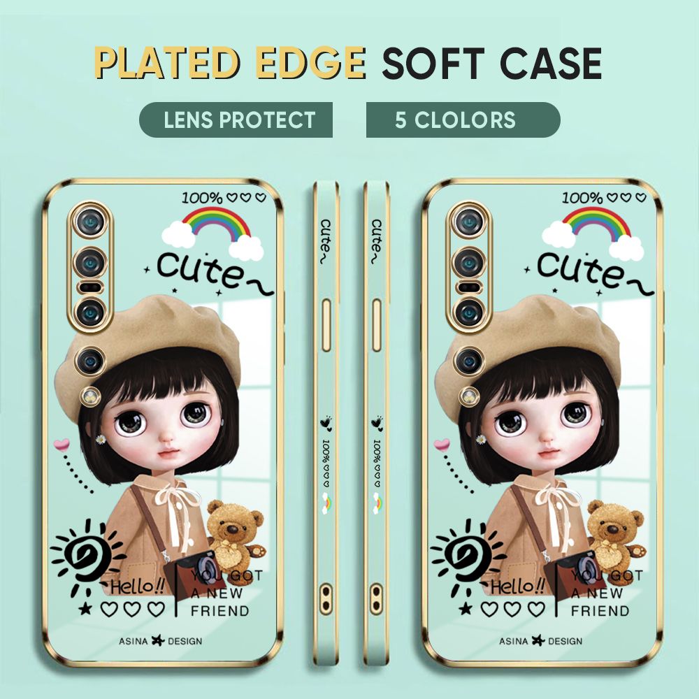 Luxury 6D Plating Case for Xiaomi Mi 10 Pro Back Cover Cute Satchel Girl Side Pattern Soft Silicone Square Phone Cases