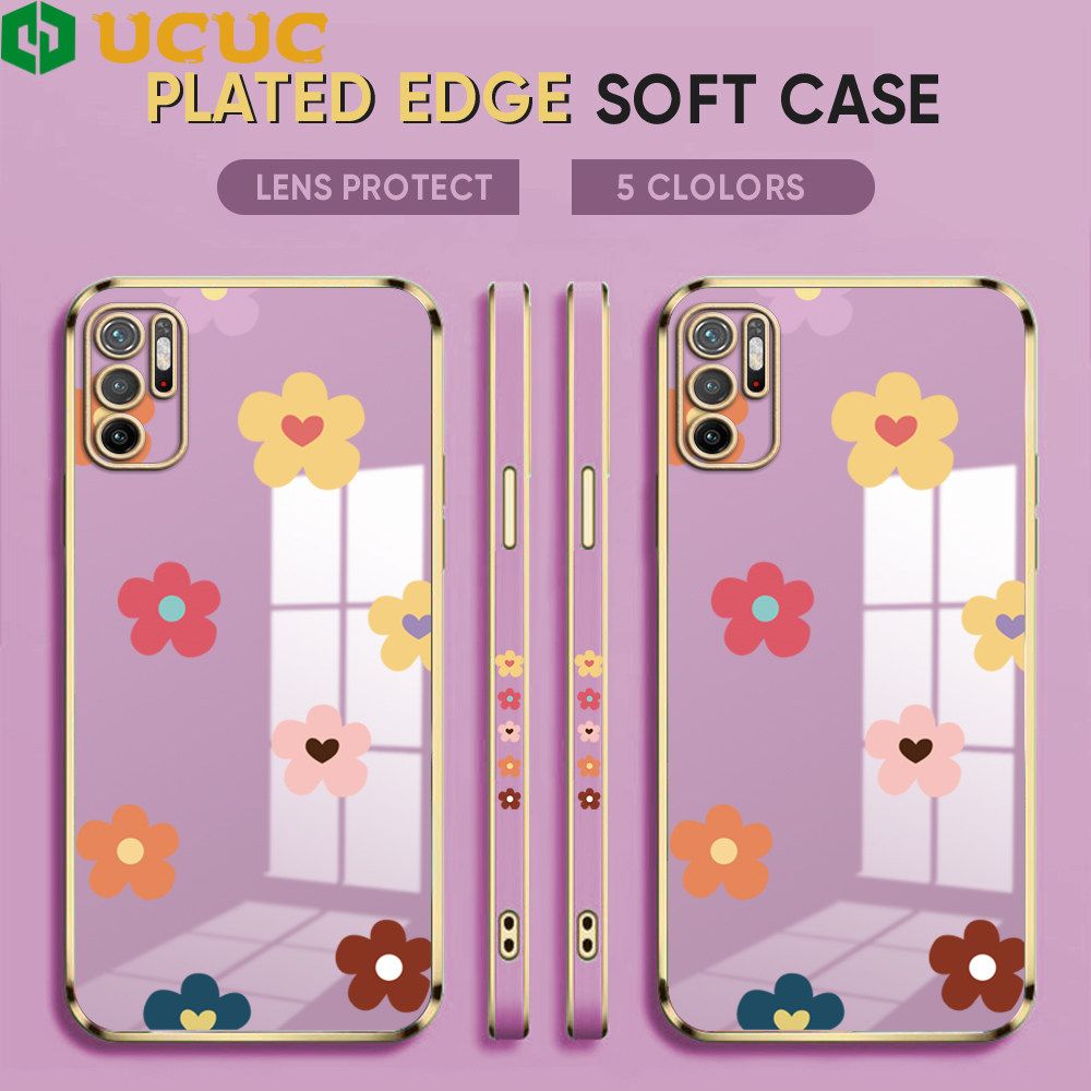 UCUC for Xiaomi Poco M3 Pro / Redmi Note 10 5G Back Cover + Free Lanyard INS Style Flower Luxury 6D Plating Case Side Pattern Soft Silicone Square Phone Cases