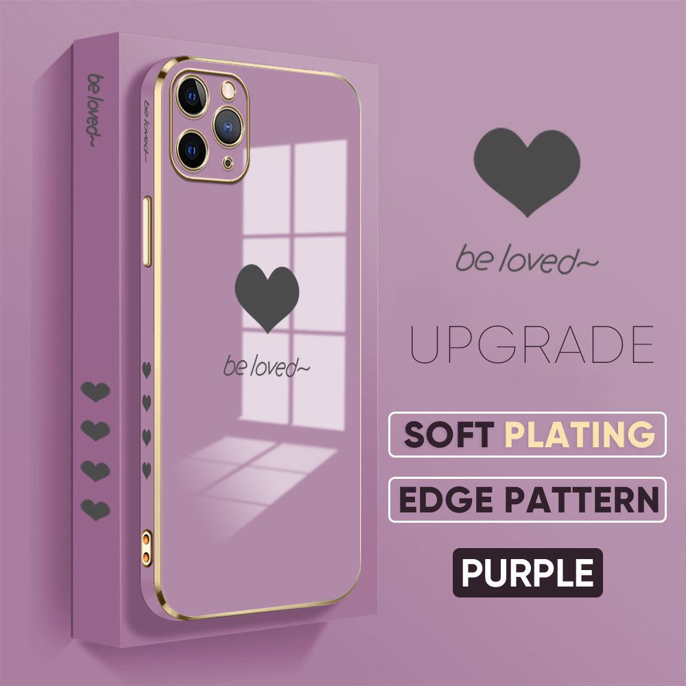 Jizetin (Free Lanyard) iPhone 11 Pro Luxury 6D Plating Soft Casing Silicone Square Frame Phone Case Shiny Bling Back Cover New Lover Heart New design Side Drawing Case