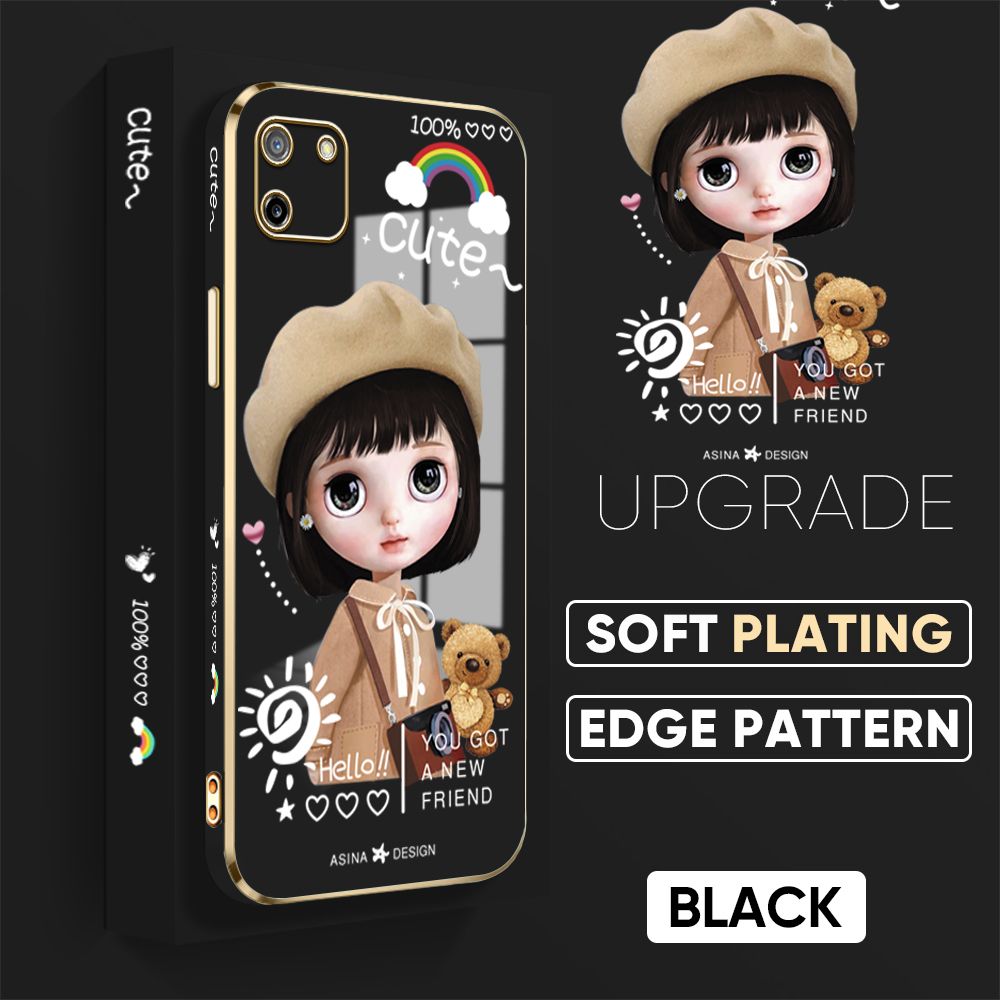 Jizetin (Free Lanyard) Realme C11 2020 Back Cover Fashion Girl Luxury 6D Plating Case Side Pattern Soft Silicone Square Mobile Phone Cases