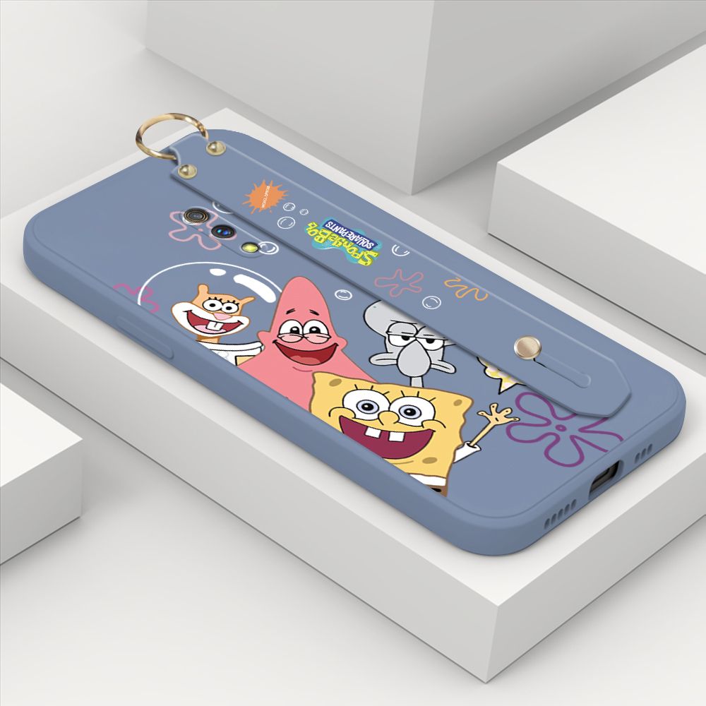 ZeroQiQi for OPPO K3 Wrist Strap Case Cute Cute Funny Cartoon Sponge for Square Pants Cover Square Edge Liquid Silicone Anti-drop Phone Case