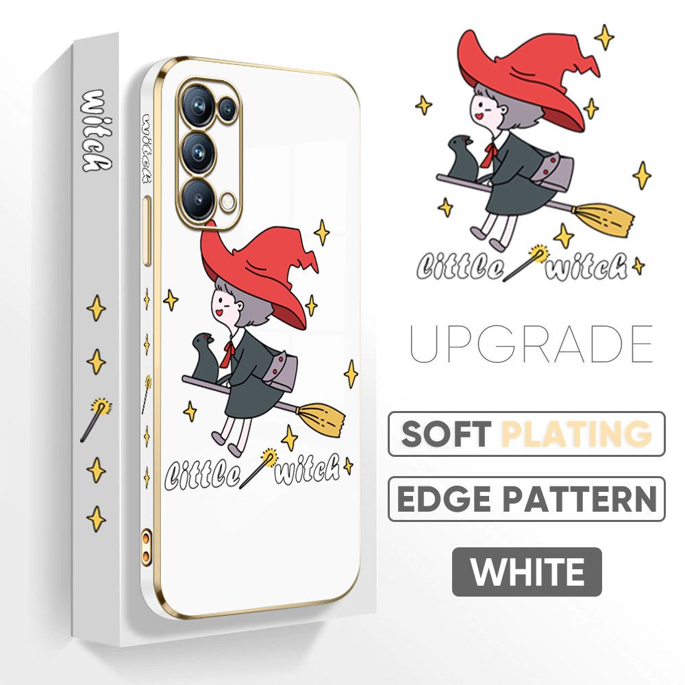 TA for OPPO Reno5 Pro 5G Back Cover + Free Lanyard Flying Witch for Girls Luxury 6D Plating Case Side Pattern Soft Silicone Square Phone Cases
