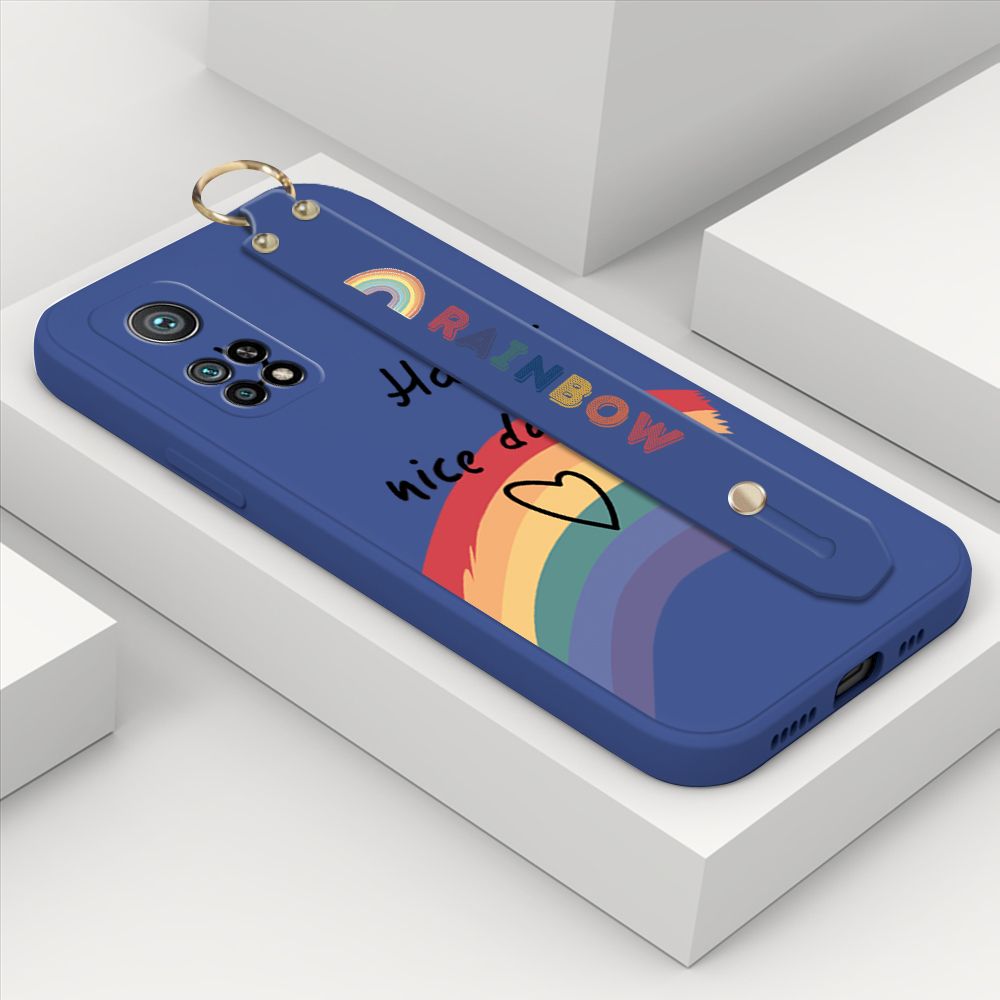 ZeroQiQi for Xiaomi Mi 10T Pro Wrist Strap Case Lovely Graffiti Rainbow Smile Thin Phone Cover Square Edge Liquid Silicone Creativity Phone Case