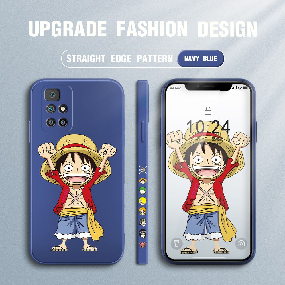 Jizetin for Xiaomi Redmi 10 Case Anime One-Piece Monkey D. Luffy Anime Side Design Phone Case Square Edge Pattern Liquid Silicone Cases Full Cover Camera Shockproof Protective Case
