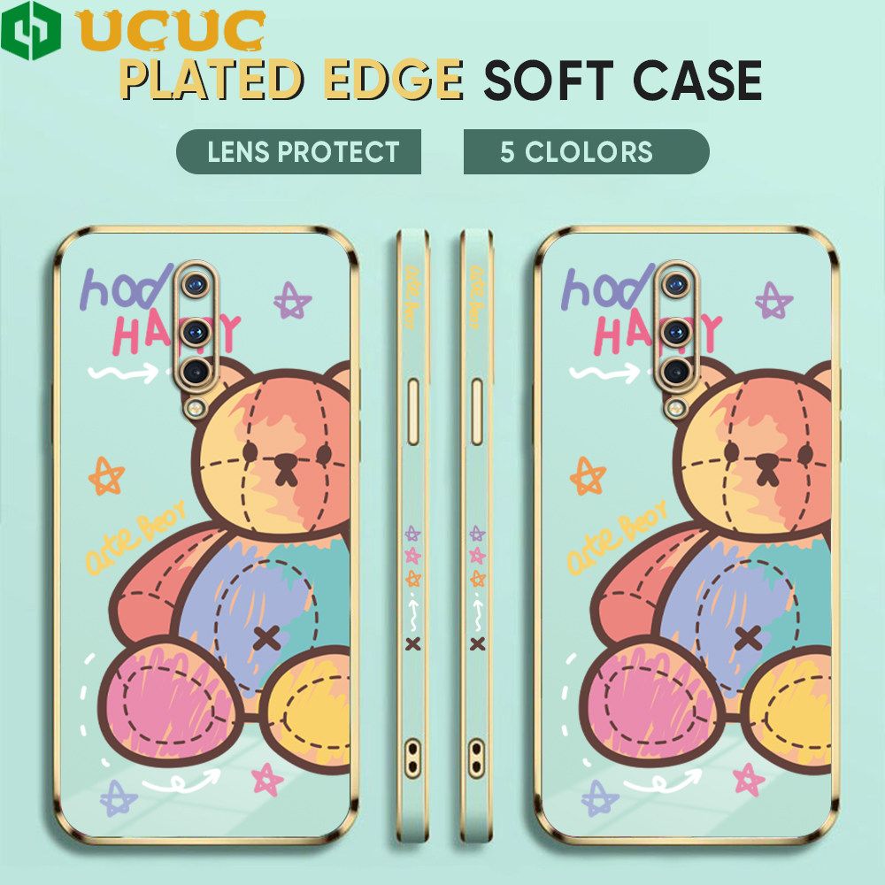 UCUC for OnePlus 8 Back Cover + Free Lanyard Colorful Muppet Bear Luxury 6D Plating Case Side Pattern Soft Silicone Square Phone Cases