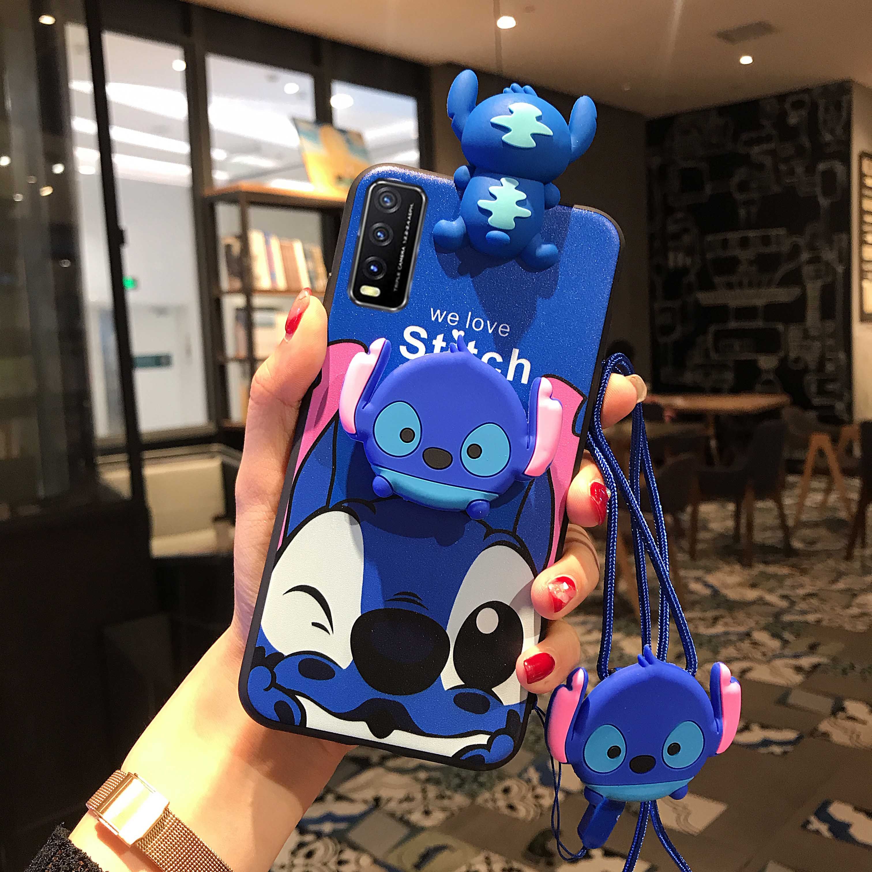 Cartoon Cute Stitch Phone Case For VIVO Y20 Y20i VIVO Y20s Y12s Luxury Full Protection Shockproof Cover with Support Holder Lanyard for VIVO Y11 Y17 Y15 Y12 Y30 Y50 Y91C