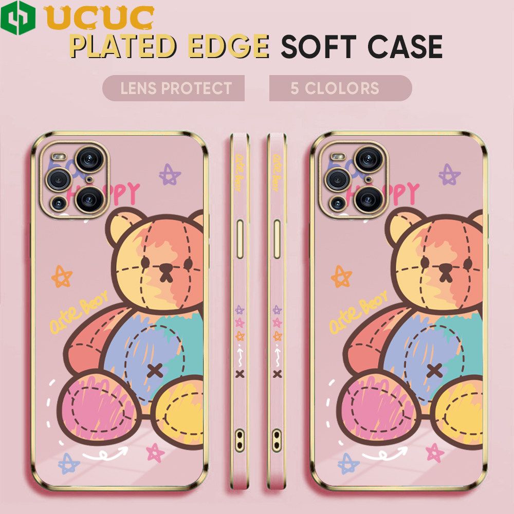 UCUC for OPPO Find X3 / Find X3 Pro Back Cover + Free Lanyard Colorful Muppet Bear Luxury 6D Plating Case Side Pattern Soft Silicone Square Phone Cases