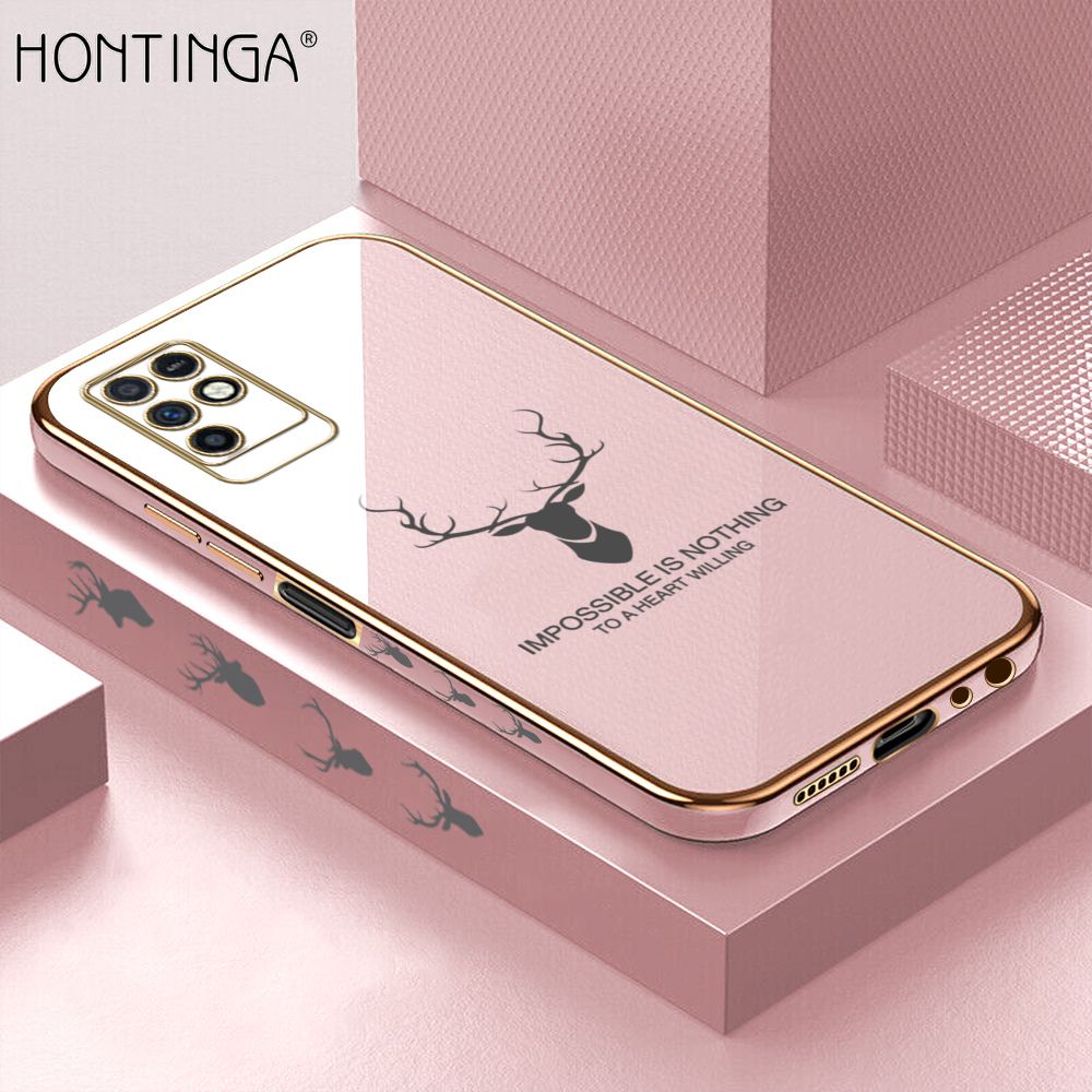 Hontinga for Infinix Note 10 Back Cover + Free Lanyard Luxury 6D Plating Cartoon Lucky Deer Side Pattern Case Soft Silicone Square Phone Cases
